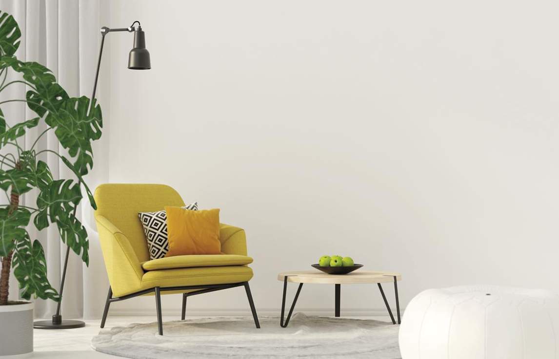living room with yellow chair