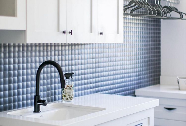 Laundry Room Design: Bright White with Ocean Blue Tile